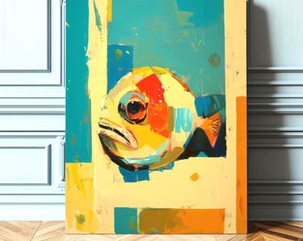 Colorful Abstract Fish Wall Art, Vibrant Bold Ocean Painting for Coastal Decor, Mid-century Modern Artwork for Beach House or Living Room