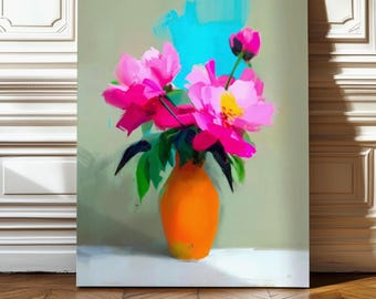 Pink Peony Flower Wall Art Print, Contemporary Floral Still Life Painting, Modern Botanical Home Decor, Colorful Artwork for Living Room