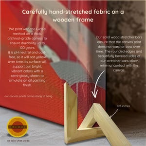 May include: Close-up of a wooden frame with a canvas print stretched over it. The frame is 1.25 inches thick and has rounded edges. The text "Carefully hand-stretched fabric on a wooden frame" is visible at the top of the image.