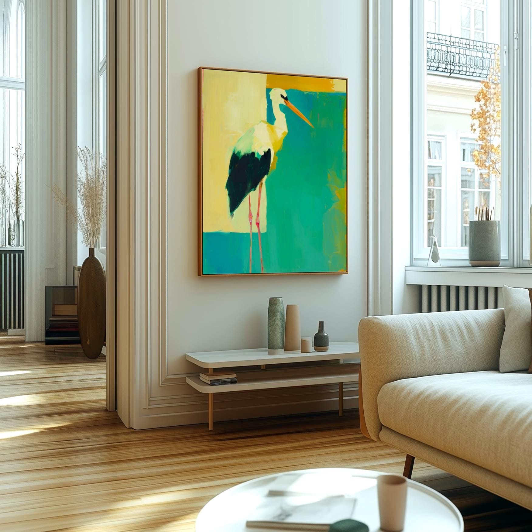 Modern Bird Wall Art Print, Abstract Stork Painting, Contemporary ...