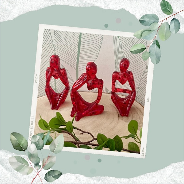Ensemble de 3 statues penseurs abstraits modernes en résine epoxy, Rouge
