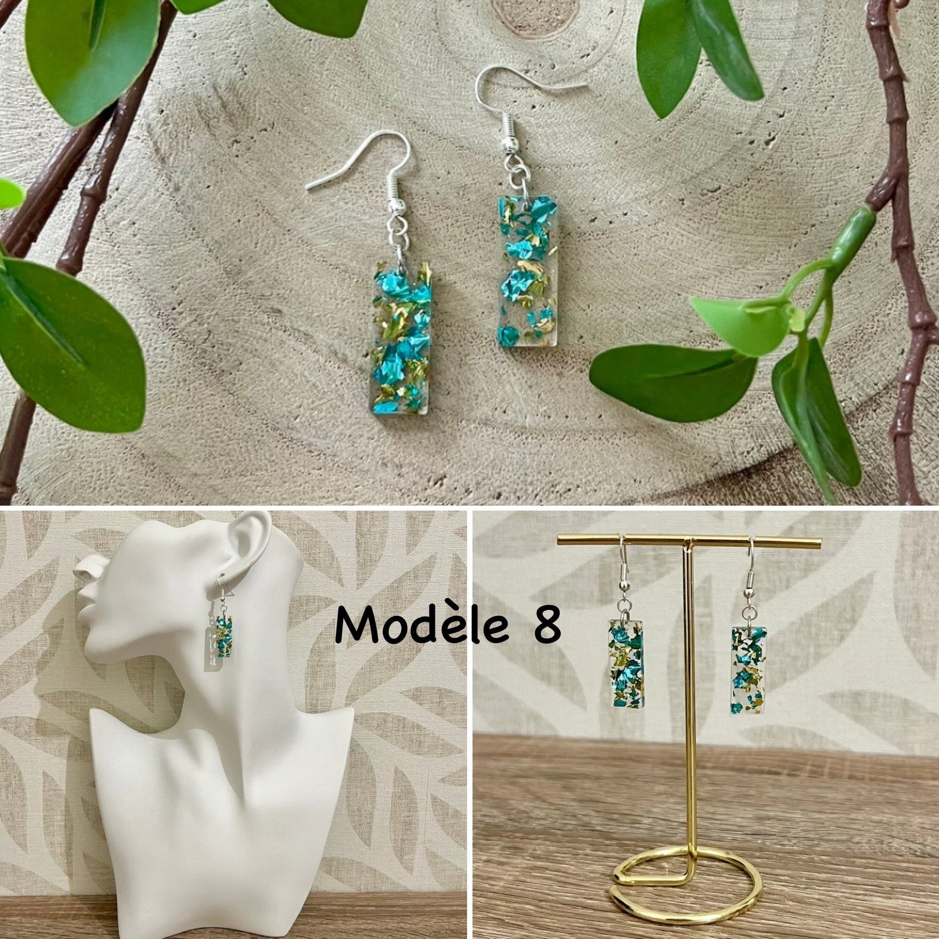 Boucles D'oreilles Artisanales – Résine Végétale, Papier Japonais, Argent 925, Fait Main, Bleu