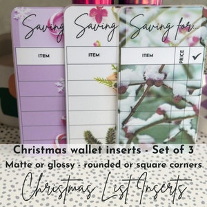 Weihnachts Geldbeutel Wunschliste - 3 festliche Designs - 3er Set - Auswahl der Laminierung. Verfolge in deinen Sparbüchern, wofür du sparst!