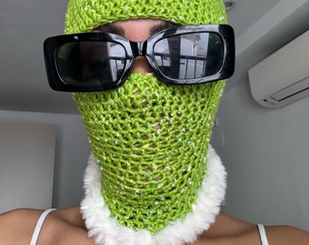 Green handmade balaclava with fur