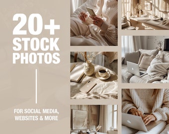 20+ Female Stock Photo Images - Beige Neutral Home Office Stock Photos Bundle - Social Media Websites Blogs Women - Aesthetic Feed Posts