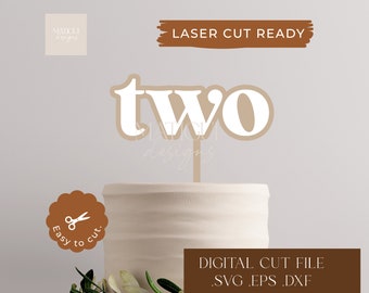 Retro two caketopper laser cut file, two topper svg eps dfx, second birthday topper laser cut file, modern cake topper, glowforge file