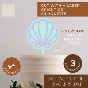 Puede incluir: Archivo de corte digital para un adorno de pastel en forma de concha. La concha es de color azul claro y morado y viene en tres tamaños. El archivo está disponible en los formatos SVG, EPS y DXF.  Corte con un láser, Cricut o Silhouette.