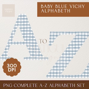 Alfabeto acuarela Vichy, imágenes prediseñadas, cuadros vichy azul bebé, png para guardería, carteles para baby shower, diseño de invitación, imágenes prediseñadas de letras de fuente