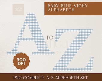 Vichy watercolor alphabet clipart, baby blue gingham checkered png for nursery, baby shower signs, invitation design, font letter clipart