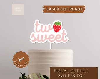 Two sweet strawberry caketopper laser cut file, one topper svg eps dfx, birthday topper laser cut file, strawberry topper, glowforge file