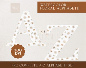 Floral watercolor alphabet clipart, boho png for nursery, baby shower, name signs, invitation design, letter clipart, watercolor font PNG
