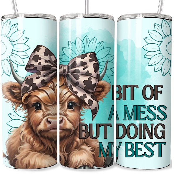 Vaso de 20 oz Wrap Highland Cow Tumbler, Hylander Cow Wrap Descarga digital instantánea, descarga PNG flor un poco desordenada pero haciendo lo mejor que puedo