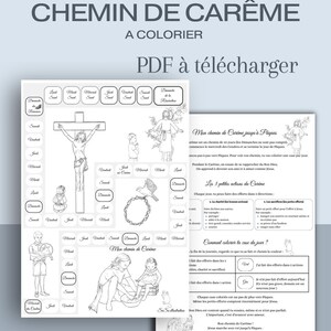 Op de afbeelding: Een zwart-wit kleurplaat met de tekst "CHEMIN DE CARÊME A COLORIER PDF à télécharger". De pagina bevat illustraties van religieuze figuren en tekst in het Frans.