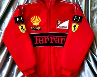 Rote Ferrari F1 Jacke, bestickte Rennjacke - Formel-1 Vintage Jacke, Vintage Unisex Rennjacke, Y2K 90er Jahre Racing Fan Geschenk, F1 Merch