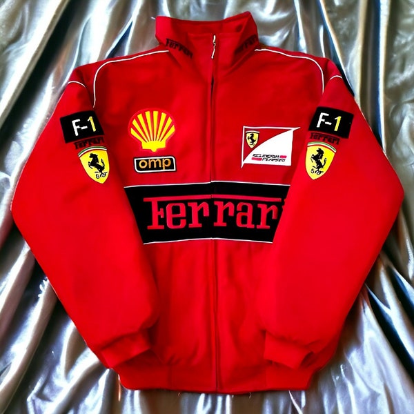 Veste Ferrari F1 rouge, veste de course brodée - veste vintage Formule 1, veste de course unisexe vintage, cadeau de fan de course des années 2000 des années 90, produits dérivés F1