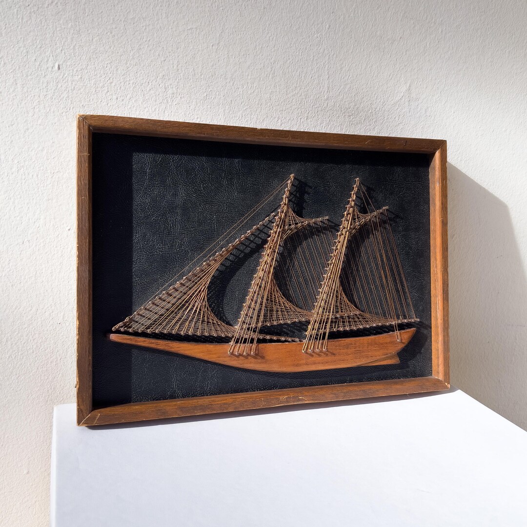 Vintage Mid-century Ship String Art Wooden Framed Wall Decor Copper ...