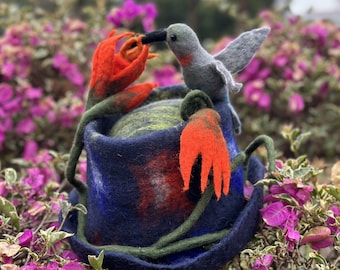 Bird With Flower Felted Hat, Felted Bucket Hat, Costume Hat, Funny Hat, Cosplay Hat, Novelty Hat, Festival Outfit, Renaissance Faire Hat.