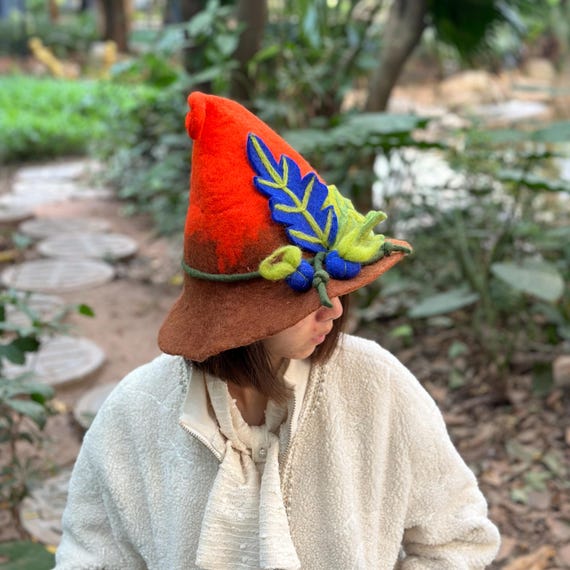 Orange Wool Felted Witch Hat: Handmade Costume Novelty Hat 
