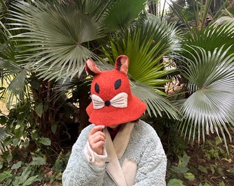 Red Wool Felted Fox Hat: Handmade Costume, Sauna, Winter Hat