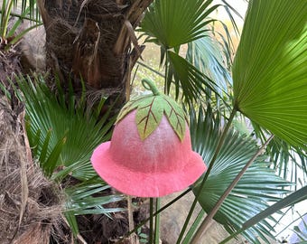 Pink Wool Felt Hat: Peach, Green Leaf Costume Hat