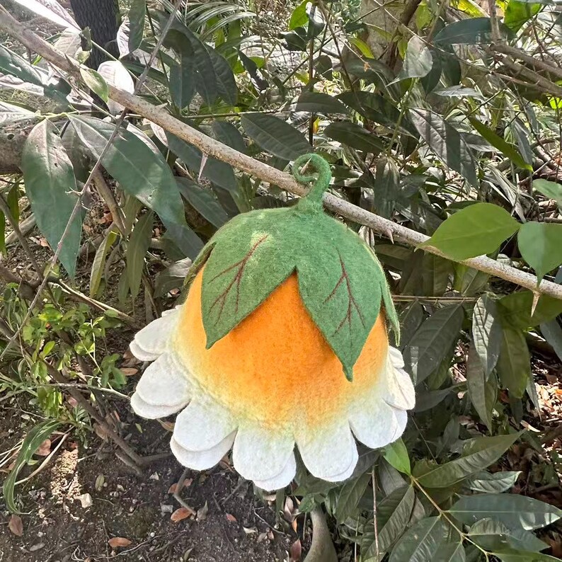 White Yellow Flower Hat, Suana Cap, Floral Costume, Green Leaf Detail, Ren Faire Clothing, Wool Felted Hat. image 10