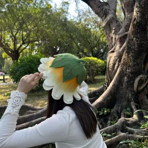 White Yellow Flower Hat, Suana Cap, Floral Costume, Green Leaf Detail, Ren Faire Clothing, Wool Felted Hat. image 1