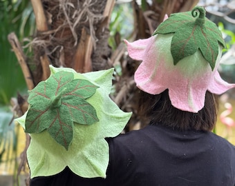 Pink/ Green / Orange  Datura Wool Flower Hat: Festival, Sauna, Ren Faire Outfit