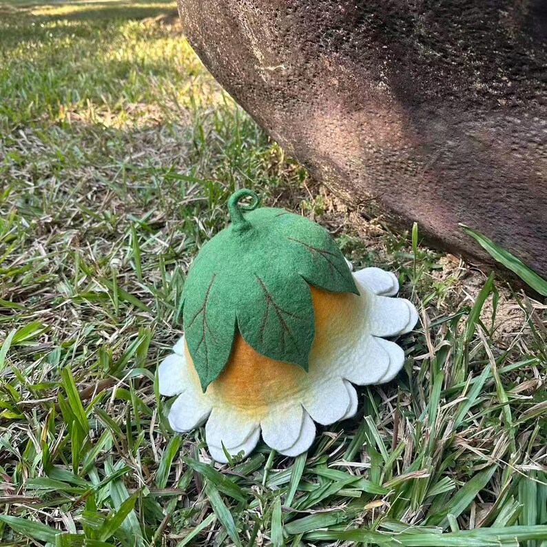 White Yellow Flower Hat, Suana Cap, Floral Costume, Green Leaf Detail, Ren Faire Clothing, Wool Felted Hat. image 6