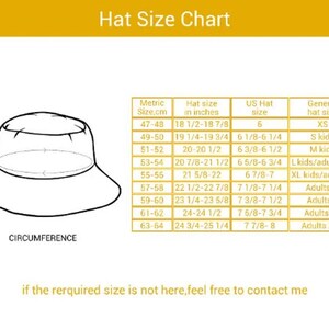 May include: A hat size chart with a diagram of a hat and a table showing metric sizes in centimeters, hat sizes in inches, US hat sizes, and generic hat sizes. The chart includes sizes from 47 cm to 64 cm, equivalent to 18 1/2 inches to 25 1/4 inches.