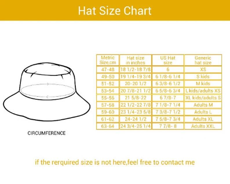 May include: A hat size chart with a diagram of a hat and a table showing metric sizes in centimeters, hat sizes in inches, US hat sizes, and generic hat sizes. The chart includes sizes from 47 cm to 64 cm, equivalent to 18 1/2 inches to 25 1/4 inches.
