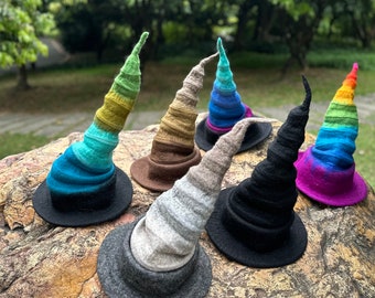 Colorful Wool Felt Witch Hat, Adjustable Witch Hat, Tall Hat, Wizard Hat, Costume Hat, Rainbow Hat, Black Hat, Adults Hat, Ready to Ship