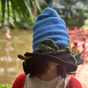 Blue Wool Felted Witch Hat with Leaf - Handmade Costume Hat