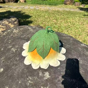 White Yellow Flower Hat, Suana Cap, Floral Costume, Green Leaf Detail, Ren Faire Clothing, Wool Felted Hat. image 17