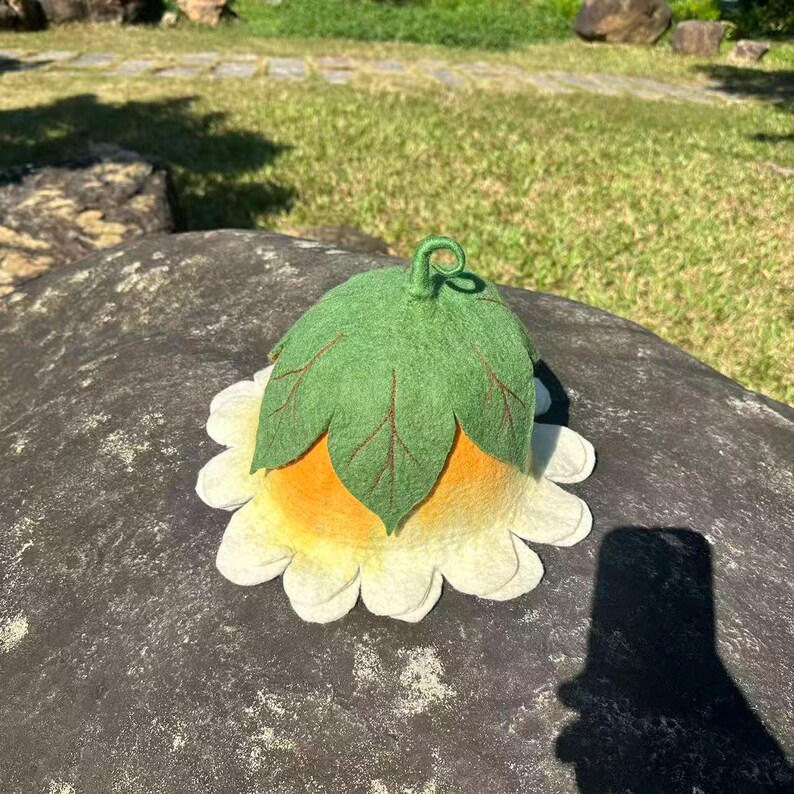 White Yellow Flower Hat, Suana Cap, Floral Costume, Green Leaf Detail, Ren Faire Clothing, Wool Felted Hat. image 17