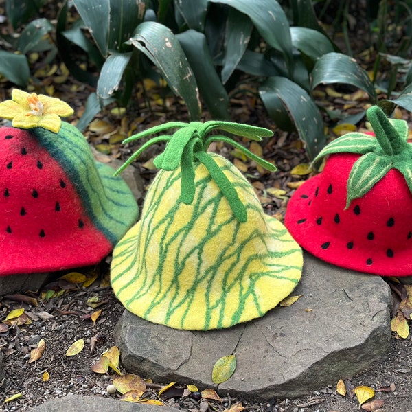 Fruit Wool Felt Hat, Strawberry Hat, Pineapple Hat, Watermelon Hat, Handmade Hat, Cartoon Hat, Party Hat, Fairy Hat, Funny Hat, Sauna Hat