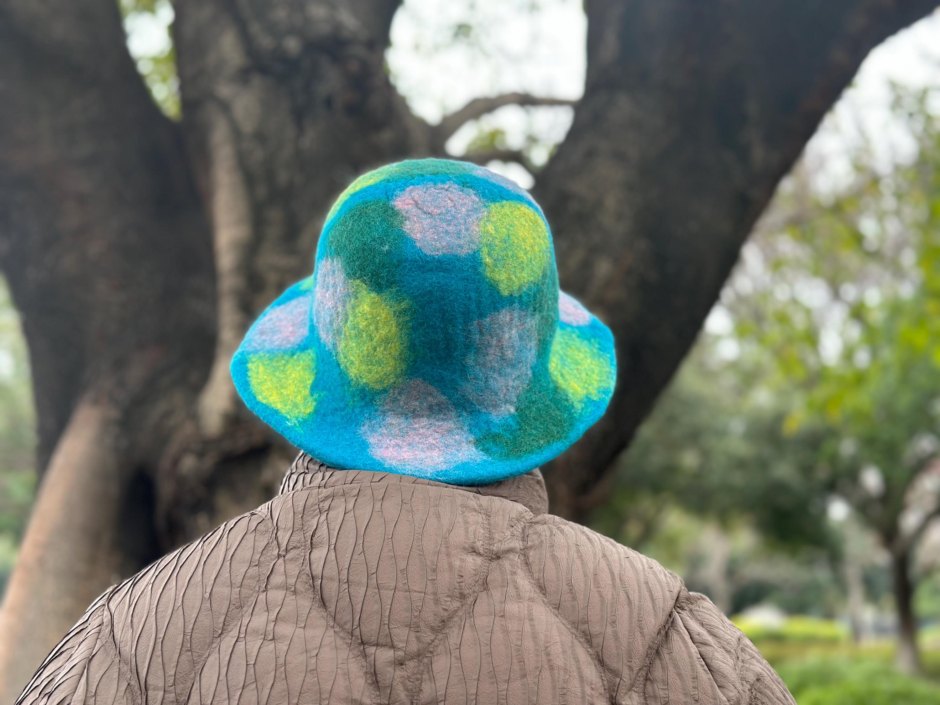 Handmade Feltrd Wool Colorful Tie-Dye Bucket Hat, Beautifully Made Tie Dye Felted Bucket Hat: Rainbow Costume, Sauna & Ren  main image 2