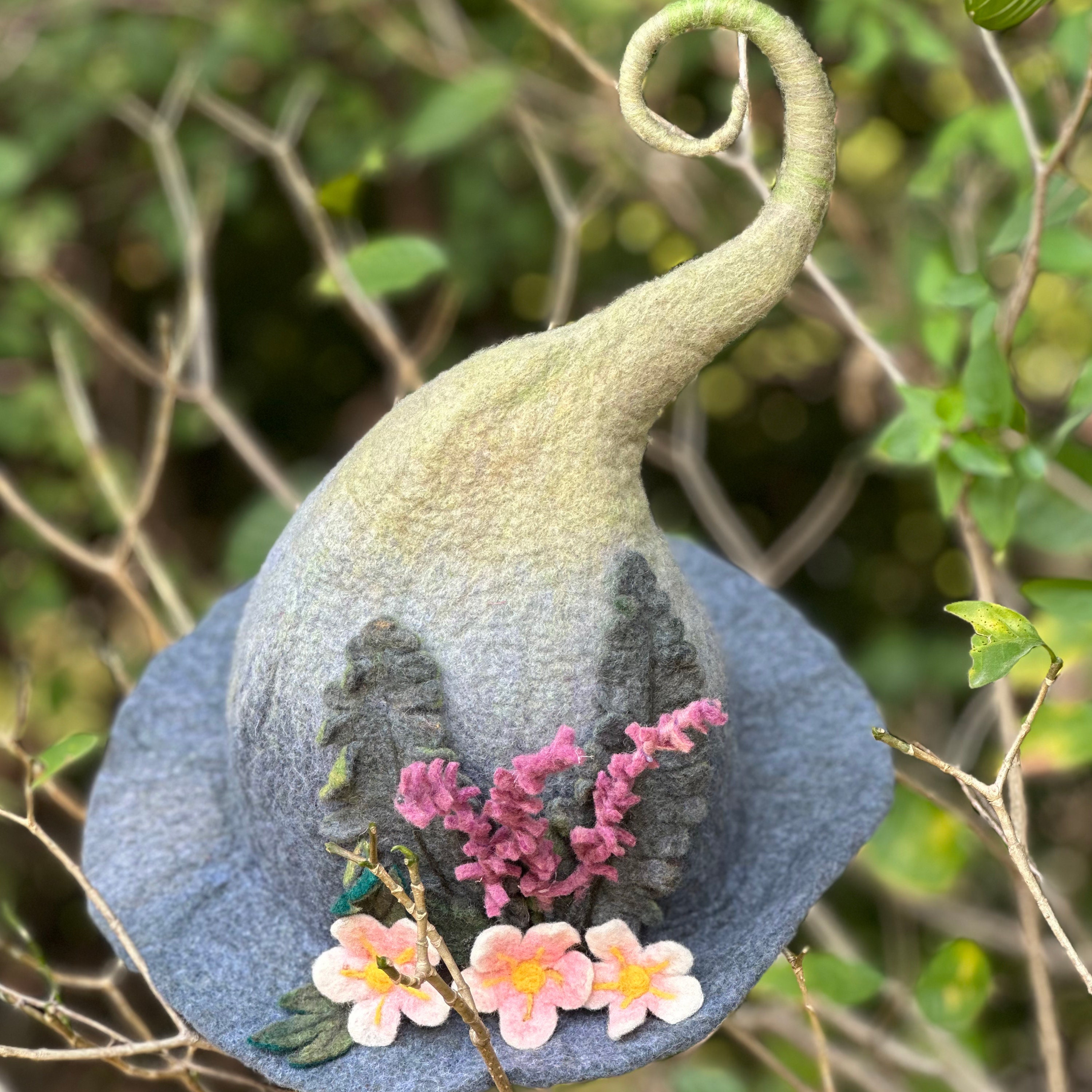 Spring Wool Felt Hat, Witch felted Hat, Mushroon Hat, Flower Hat, Novelty Hat, Unique Festival Outfit, Renaissance Faire Hat, Costume Hat.