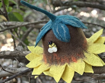 Wool Felt Sunflower Hat with Bee - Novelty Costume Hat, Yellow Flower Cap.