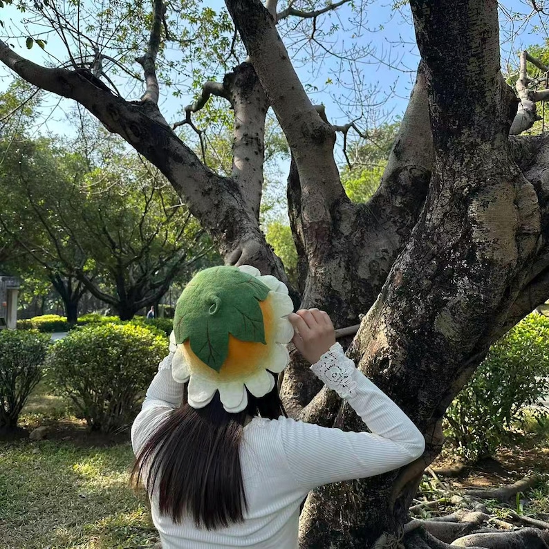 White Yellow Flower Hat, Suana Cap, Floral Costume, Green Leaf Detail, Ren Faire Clothing, Wool Felted Hat. image 7