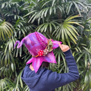 Purple Witch Hat, Wool Felted Wizard Hat, Witch Hat With Mushroom, Novelty Hat, Festival Hat, Costume Hat, Halloween Hat, Tie Dye Witch Hat.