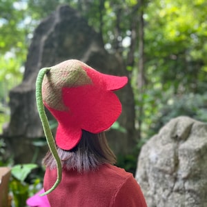 Sombrero de fieltro de lana con flor roja, sombrero de fieltro de lana con flor rosa, sombrero de hada, sombrero de cosplay, sombrero de disfraz, sombrero de lana hecho a mano, sombrero de fiesta, sombrero divertido, sombrero de sauna