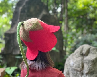 Red Flower Wool Felt Hat, Pink Flower Wool Felt Hat, Fairy Hat, Cosplay Hat, Costume Hat, Handmade Wool Hat, Party Hat, Funny Hat, Sauna Hat
