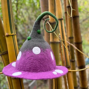 Handmade Wool Witch Hat: Purple Mushroom Elf Costume