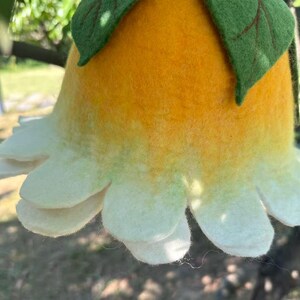White Yellow Flower Hat, Suana Cap, Floral Costume, Green Leaf Detail, Ren Faire Clothing, Wool Felted Hat. image 16