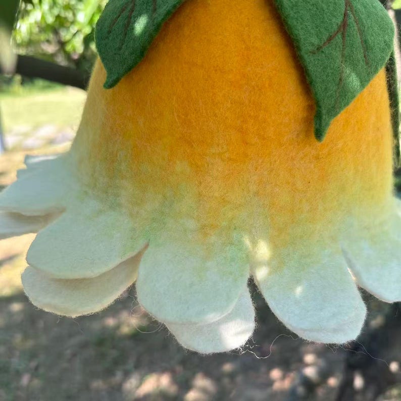 White Yellow Flower Hat, Suana Cap, Floral Costume, Green Leaf Detail, Ren Faire Clothing, Wool Felted Hat. image 16