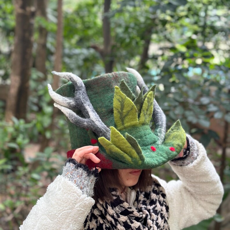 Green Wool Felted Forest Hat: Novelty Costume, Cosplay clothing, Ready To Ship! image 2
