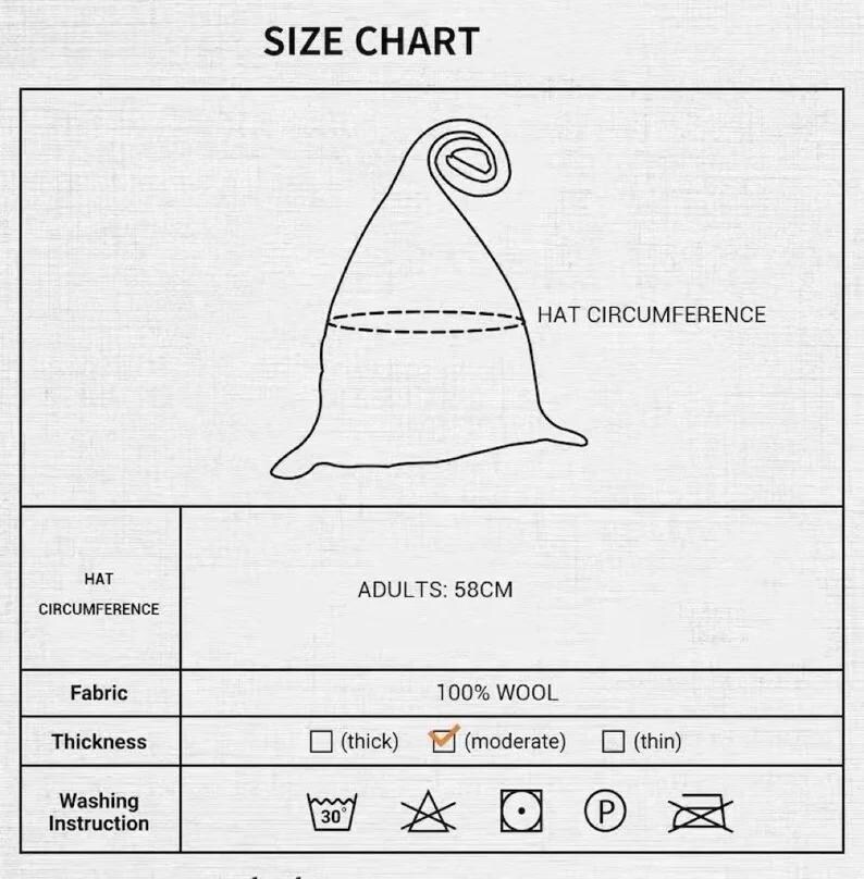 May include: Size chart for a hat made of 100% wool. The hat is 58 cm in circumference. The chart shows the thickness of the hat as moderate. The washing instructions include hand washing, machine washing at 30 degrees Celsius, and ironing with a low heat setting.