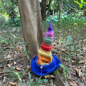 Peut inclure: Un chapeau de sorcière coloré à rayures arc-en-ciel avec un bord bleu, posé sur le sol dans un environnement forestier.