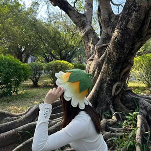 White Yellow Flower Hat, Suana Cap, Floral Costume, Green Leaf Detail, Ren Faire Clothing, Wool Felted Hat. image 5