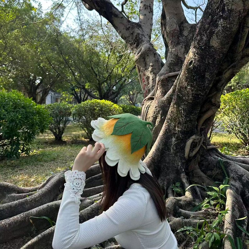 White Yellow Flower Hat, Suana Cap, Floral Costume, Green Leaf Detail, Ren Faire Clothing, Wool Felted Hat. image 5